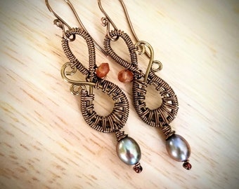 Taupe Pearl Infinity Earrings,  w/ hessonite garnets