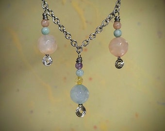 Morganite Drops Necklace, mixed gems, pastel colors tones