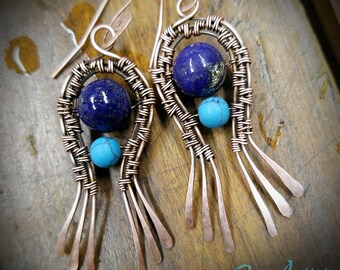 Two little Fishes Earrings, blue Lapis, copper wire weave