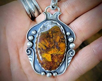 Plume Agate Pendant w/Cutwork back, sterling and fine silver, autumn hues
