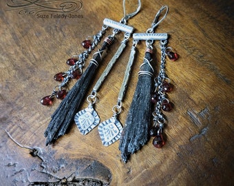 Protection Earrings, Black Kyanite & Garnets