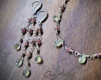 Diana Necklace and Earrings Set, Lemon Quartz & Pink Tourmaline, sterling silver