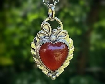 Sweetheart Necklace, Carnelian heart, sterling & fine silver