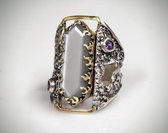Untamed Rebel Ring, grey moonstone, amethyst, mem's, women's