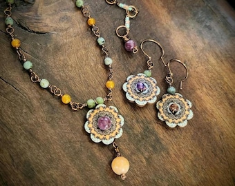 Floral Mandala Necklace & Earrings, gemstones