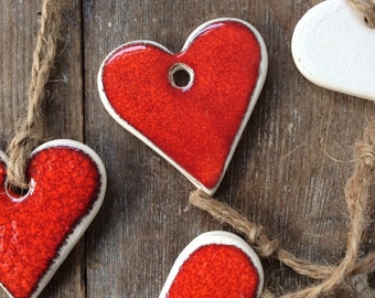 Set of 2 Clay Hanging Heart Decorations White Glaze with Loving You on Reverse