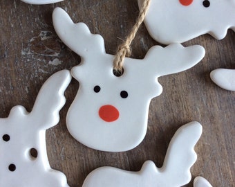 Handmade, hand painted hanging rustic white ceramic reindeer decoration, perfect Christmas,  favours or gift.