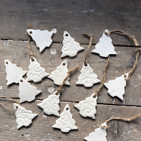 Handmade Ceramic white tree ornament with swirls and stars design.  Christmas gift tags, decorations, Christmas ornaments, favours