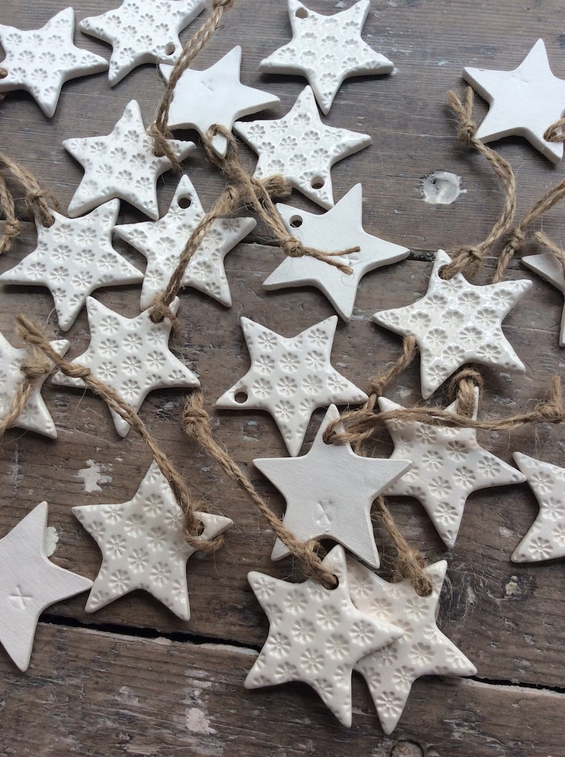 Handmade ceramic white star ornament with daisy design. Christmas gift tags, decorations, wedding, favours. Made with white clay image 5