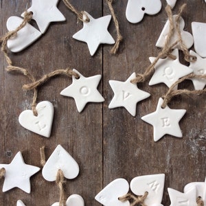 Handmade Ceramic rustic alphabet white star or heart ornament. Christmas, name, gift tags, letters decorations, wedding, favours.
