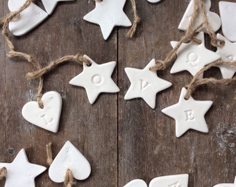 Handmade Ceramic rustic alphabet white star or heart ornament. Christmas, name, gift tags, letters decorations, wedding, favours.