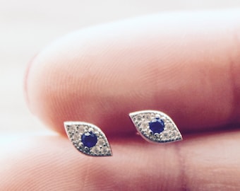 Tiny Evil Eye Stud Earring | 925 Silver & Gold is plated 18K | CZ white CZ blue | Minimalistic | Geometric | Sold in Pairs | Msg for Single