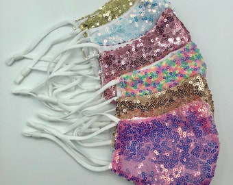 Kids Sequin Face Masks with Pocket and Filter | Adjustable Ear Straps | 3 Layers | Reusable & Washable | Child Bling Face Mask | Sparkly
