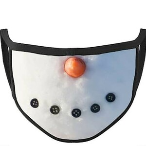 May include: A white face mask with a snowman design. The snowman has a black mouth, black eyes, and an orange nose.