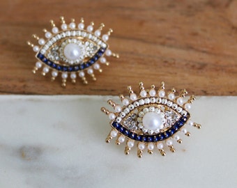 Evil Eye Stud Earrings | Push Back | CZ, Pearls, Beads | Turkish Inspired | Gold & Bronze | Two Colors | SUPER CUTE