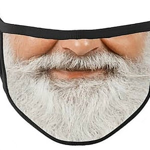 May include: A black face mask with a white beard and mustache printed on it. The beard and mustache are smiling.
