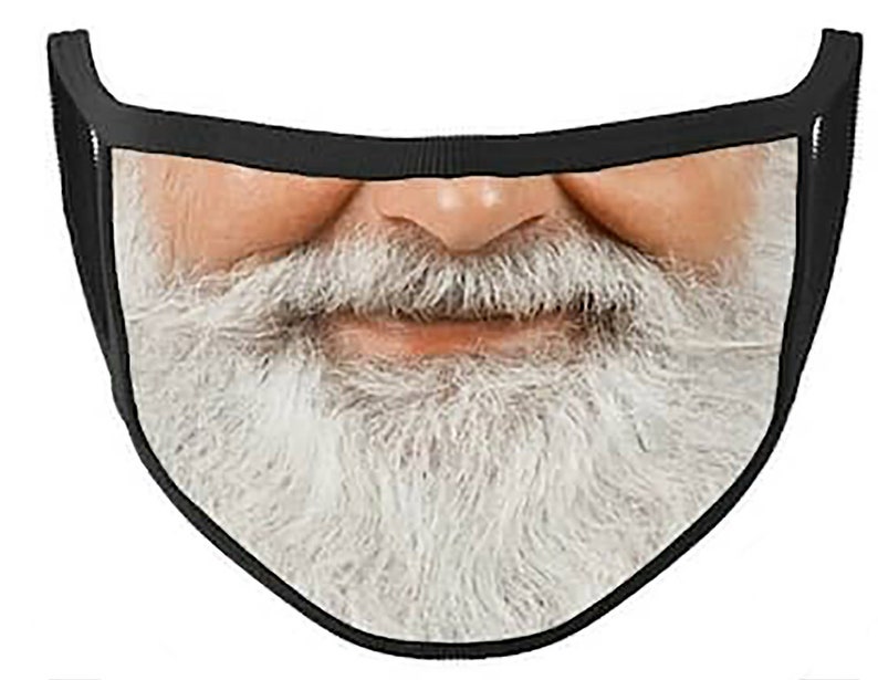 May include: A black face mask with a white beard and mustache printed on it. The beard and mustache are smiling.