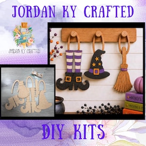 May include: A DIY craft kit featuring unfinished wooden cutouts of witch legs with boots, a pointed hat, and a broomstick. The finished examples show purple and white striped stockings, black boots with orange buckles, a black hat, and a brown broom.