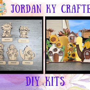 May include: A set of five DIY fairy house kits featuring a teapot, a house, a tree, and two other houses. The kits are made of wood and are decorated with sunflowers. The kits are labeled "JORDAN KY CRAFTED DIY KITS".