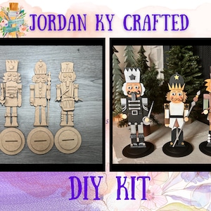 May include: A DIY kit for making three wooden nutcracker ornaments. The kit includes three unfinished wooden nutcracker figures, three round bases, and the text "JORDAN KY CRAFTED DIY KIT".
