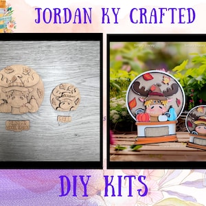 May include: Wooden DIY kits featuring a moose design with fall-themed elements. The kits include a large moose head, a smaller moose head, and a rectangular piece with text. The image also shows a finished moose snow globe.