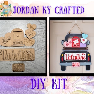 May include: DIY Valentine's Day craft kit with two options: a truck with hearts and the words "love", "xoxo", and "Valentine" and a set of wooden cutouts with the words "love", "xoxo", "cutie", "be mine", "I love you", and "Valentine".