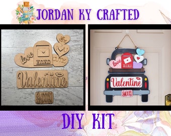 May include: DIY Valentine's Day craft kit with two options: a truck with hearts and the words "love", "xoxo", and "Valentine" and a set of wooden cutouts with the words "love", "xoxo", "cutie", "be mine", "I love you", and "Valentine".