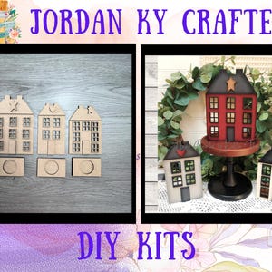 May include: The image showcases DIY kits featuring wooden house cutouts and assembled decorative houses. The unfinished kits include three house shapes with star, heart, and arrow cutouts. The assembled houses are painted red, white, and gray, with decorative accents.