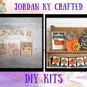 May include: Wooden DIY kits featuring fall-themed decorations. The kits include cutouts of pumpkins, leaves, and banners. One kit has a small wooden bench with a pumpkin, sunflower, and a sign that says "Farm Fresh Pumpkins". Another kit has a cutting board that says "hello FALL".