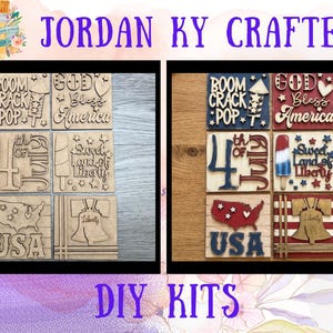 May include: DIY kits featuring wooden squares with patriotic designs. The squares include text like "Boom Crack Pop," "God Bless America," and "Sweet Land of Liberty." Other squares feature the USA map, the Liberty Bell, and the number "4" with "th of July."