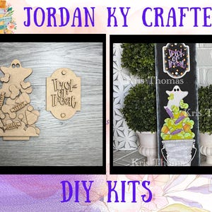 May include: Two DIY craft kits for Halloween decorations. The first kit includes a wooden cutout of a ghost with candy corn and a sign that says "Trick or Treat". The second kit includes a wooden sign with a ghost and candy corn, and the text "Trick or Treat".