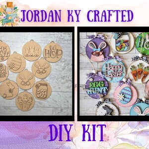 May include: Wooden DIY kit featuring Easter-themed ornaments. The ornaments include egg shapes, bunnies, carrots, and the phrases "Egg Hunt" and "Happy Easter." Some ornaments are painted with pastel colors and decorated with ribbons.