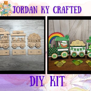 May include: A DIY craft kit featuring a wooden train with three cars decorated for St. Patrick's Day. The train is painted green and gold and has shamrocks, leprechauns, and gold coins. The kit includes all the pieces needed to assemble the train, as well as instructions.