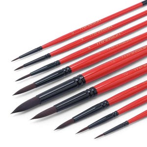 May include: A set of artist paint brushes with red handles and black bristles. The brushes are arranged diagonally, showcasing different sizes, with the brand name "TRANSON" printed on the handles.