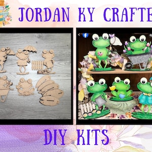 May include: DIY kits featuring frog-themed decorations. The image shows laser-cut wooden frog figures in various poses, along with painted frog figurines with accessories like umbrellas and watering cans. The text "JORDAN KY CRAFTED" and "DIY KITS" are visible.