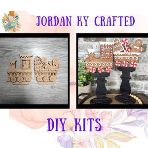 May include: Two wooden train DIY kits. One is unfinished, the other is painted brown with red and white accents, including a gingerbread man and candy canes. The text "JORDAN KY CRAFTED" and "DIY KITS" are visible.