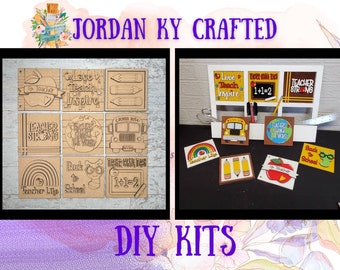 May include: DIY kits with teacher-themed designs. The image displays wooden cutouts with phrases like "Teacher Strong" and "Love, Teach, Inspire," alongside school-related graphics such as pencils, apples, and a school bus. These kits are perfect for crafting.