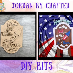 May include: Two wooden signs with a red, white, and blue patriotic theme. The signs feature the text "Red White & Boom" and a firework graphic. The signs are displayed against a red, white, and blue American flag background.