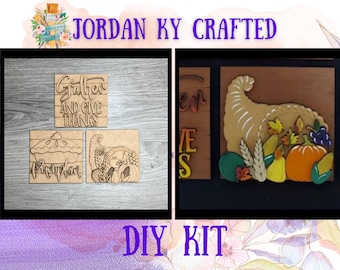Puede incluir: Kit de manualidades DIY con tres letreros de madera con temas de Acción de Gracias. Los letreros incluyen "Gather and Give Thanks", "Pumpkin" y una cornucopia con elementos de la cosecha de otoño.