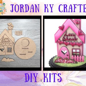May include: DIY kits featuring a wooden house with the text "Love Shack" and a heart-shaped door. The image also shows a completed pink house with heart accents and a green base. The text "JORDAN KY CRAFTED" and "DIY KITS" are also visible.