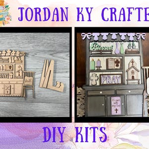 May include: Two wooden DIY kits for a hutch with a farmhouse theme. The kits include a hutch, a chair, and a sign. The hutch has shelves, a cabinet, and a sign that says "Blessed". The chair has a sign that says "Faith". The hutch is decorated with a cross, a birdhouse, and a book. The chair is decorated with a sign that says "Faith".