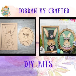 May include: DIY kits featuring bunny designs. One kit includes a rectangular wooden bunny outline with a top hat and bow tie. Another kit is a round bunny with a floral crown. The finished bunny art is displayed in a framed piece and a round piece.
