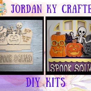 May include: A DIY craft kit featuring laser-cut wooden pieces for a Halloween display. The set includes two jack-o'-lanterns, a skeleton, and a tombstone with the text 'RIP Just here for the boos' and a base piece with the text 'SPOOK SQUAD'.