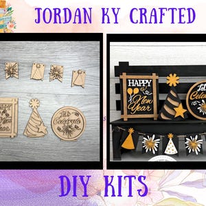 May include: DIY kits for New Year's Eve decorations. The image shows wooden cutouts of banners, party hats, and signs that say "Happy New Year" and "Let's Celebrate". The kits are designed to be painted and assembled.