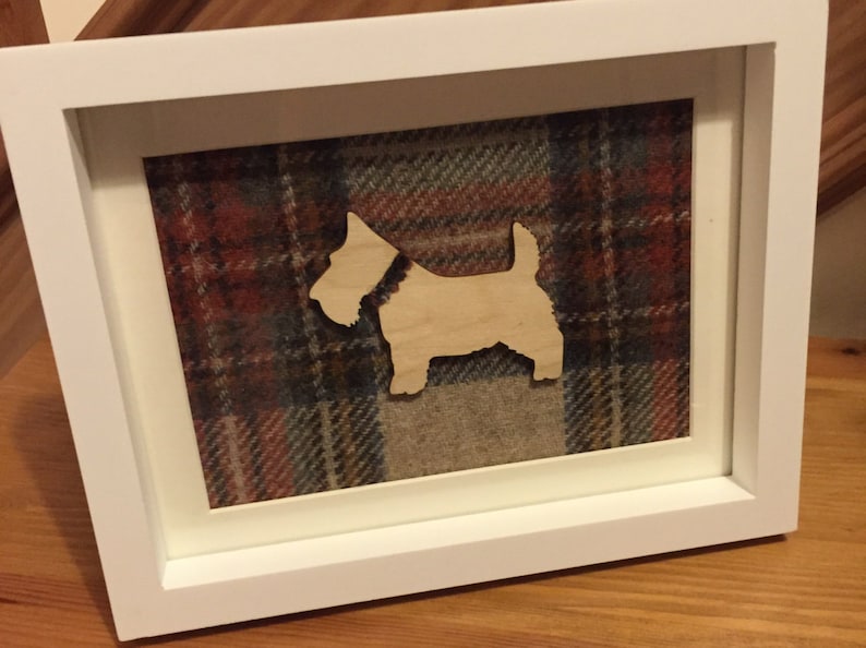 Unique handcrafted tartan frame with wooden Scottie dog