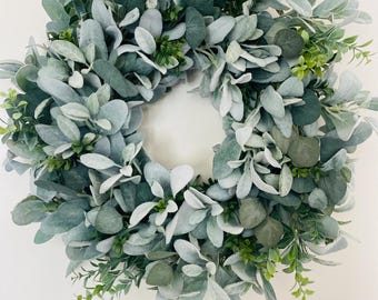 Lamb&#39;s Ear Eucalyptus Wreath: Farmhouse Greenery, Boxwood Grapevine