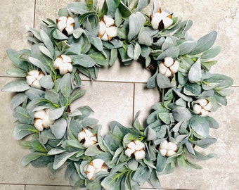 Lambs Ear & Cotton Wreath: Farmhouse Greenery Decor