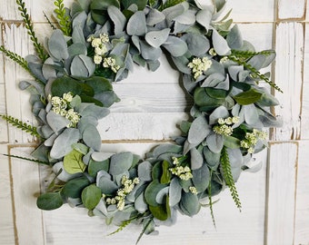 Year Round Lambs Ear and Eucalyptus Wreath, Summer Farmhouse Wreath, Cottage Core, Front Door Wreath, All Year Round wreath