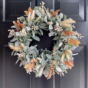 Fall Lamb's Ear Wreath: Cream Berries, Brown Leaves & Bunny Tails