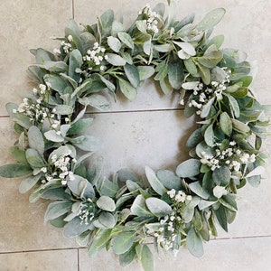Lambs Ear Wreath with Baby's Breath, Greenery Front Door Wreath